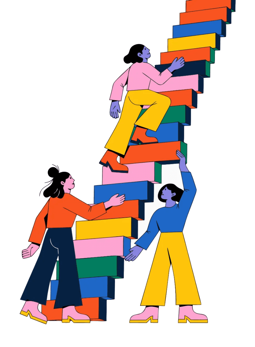Young people building and climbing a staircase of blocks together