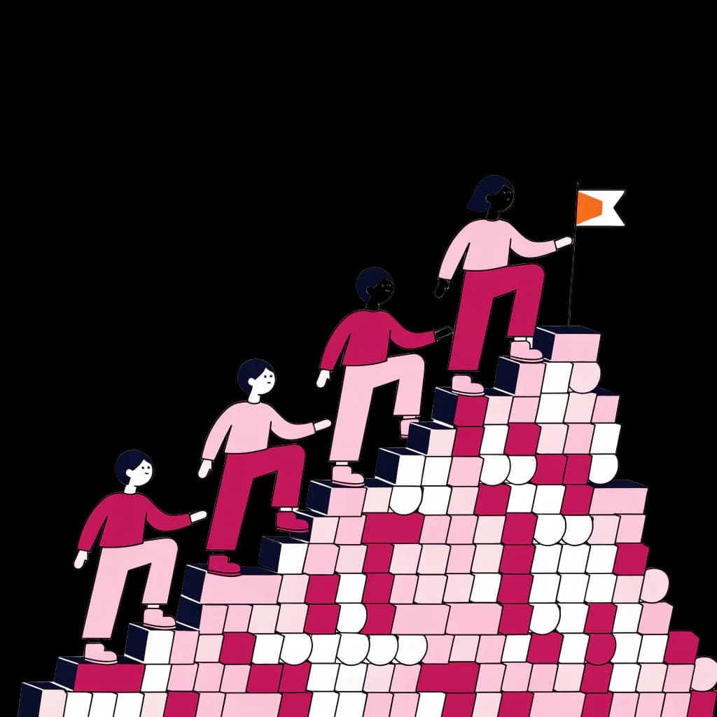 Young people climbing a staircase of blocks together towards a flag
